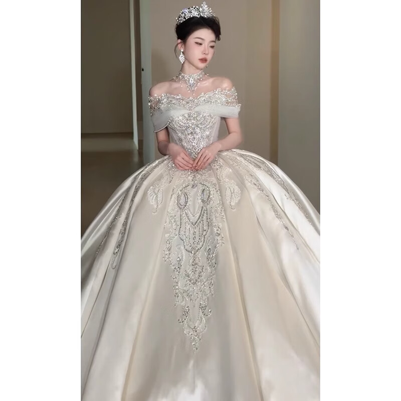 Rich collar French wedding dress bridal main yarn one-shoulder fugitive princess 2025 new textured dress satin style trailing three-piece set L