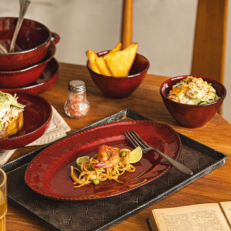 DearDali kiln-turned underglaze color ceramic plates and dishes, household new dishes and tableware sets, high-end light luxury dishes and plates, retro kiln-turned red series - standard for six people