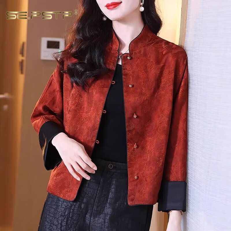 Xia Dian Suding Queen (SE.PSTP) Chinese style modified fragrant cloud yarn short coat 2025 spring and autumn new national style retro stand collar jacquard mother's wear top Orange Red XL 120-145 catties