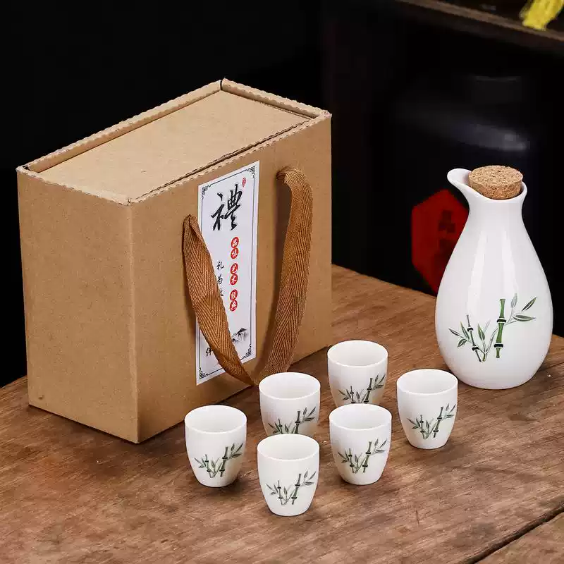 The middle shopkeeper ceramic wine set gift box with warm wine vessel white wine cup wine dispenser gift gift small wine cup wine dispenser wine one pot six cups - Green Bamboo