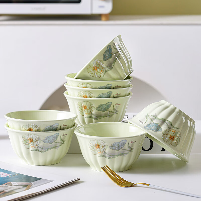 Ailian Shuo Ya Maple Green Rice Bowl 4.6 inches thick anti-scalding high-value lotus shape eating bowl ceramic bowl Ailian Shuo Ya Maple Green 10 4.5 inch bowls