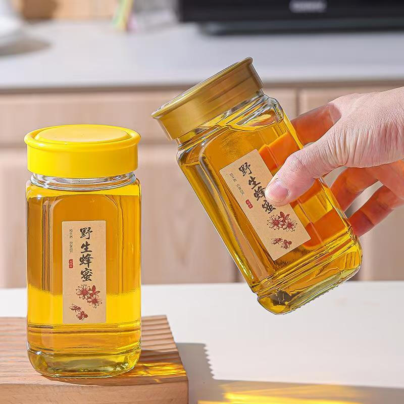 Honey glass bottle 1kg 2kg glass bottle sealed jar with lid octagonal canned packaging bottle pickle bottle 730ml octagonal honey bottle 9 pieces