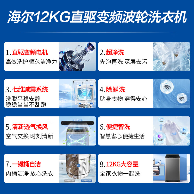 Haier pulsator washing machine 12KG fully automatic, first color, new product in 25 years, direct drive + first-level frequency conversion + ultra-clean + seven-dimensional shock absorption, the same model in the mall XQB120-BZ20X0