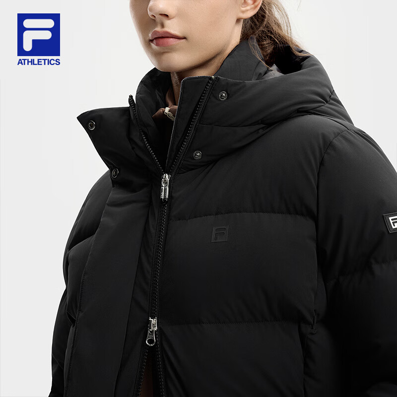 Fila Fila official women's long goose down down jacket 2025 winter new fitness sports warm hooded jacket dark black-BK M 165/84A/M