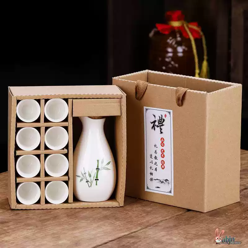 The middle shopkeeper ceramic wine set gift box with warm wine vessel white wine cup wine dispenser gift gift small wine cup wine dispenser wine one pot six cups - Green Bamboo