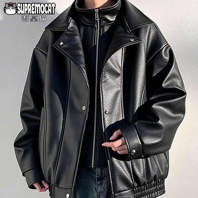 My Emperor Cat Autumn and Winter American New Style Retro PU Leather Lapel Casual Jacket Men's Fake Two-piece Jacket WJ13 Black 2XL