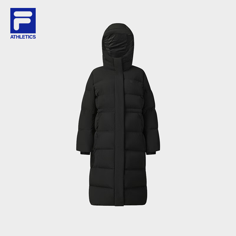 Fila Fila official women's long goose down down jacket 2025 winter new fitness sports warm hooded jacket dark black-BK M 165/84A/M
