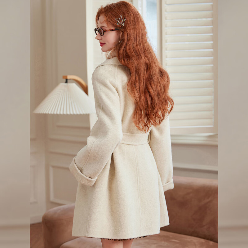 Bailuyu large lapel wool blended double-sided wool 25 new winter style elegant mid-length coat jacket for women beige M