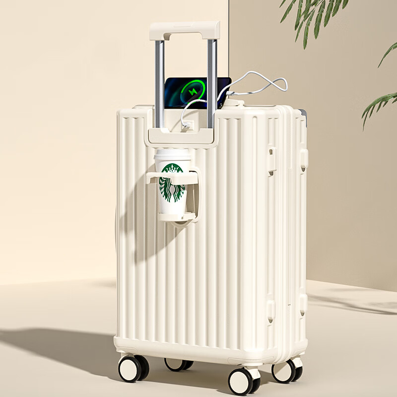Bei Chuzhong suitcase 20-inch small trolley suitcase for students and women, suitable for airplanes, large-capacity men's travel password suitcase, ivory white, hook + cup holder + mobile phone holder, good-looking, lightweight and multi-functional, 20-inch cabin suitcase, suitable for short-distance business trips
