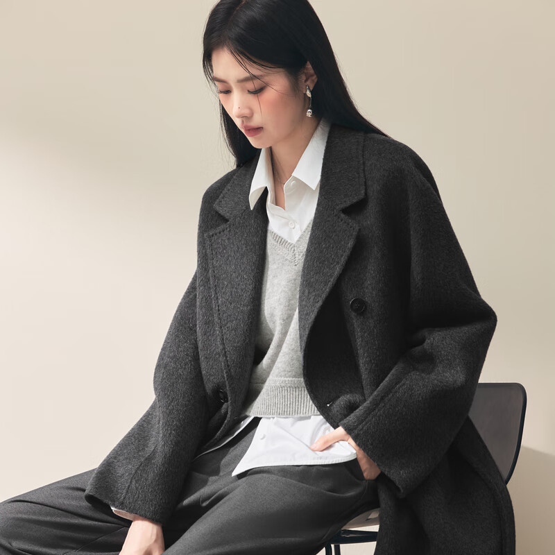 Eveli Jiang Xin word-of-mouth coat camel velvet silk double placket waist double-sided woolen coat women's autumn new style dark gray mid-length knee-length S