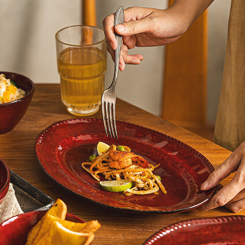 DearDali kiln-turned underglaze color ceramic plates and dishes, household new dishes and tableware sets, high-end light luxury dishes and plates, retro kiln-turned red series - standard for six people