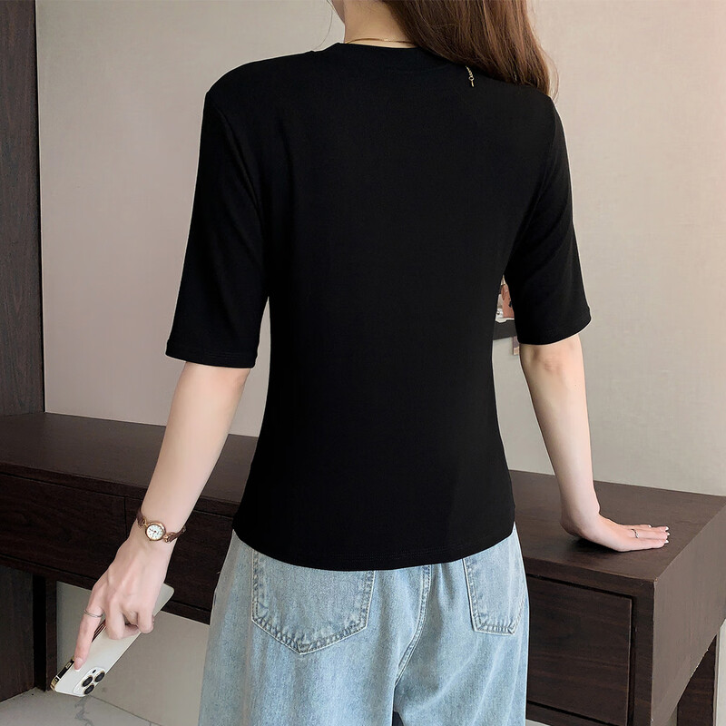 Yiershuang high-end early autumn new style stand-up collar women's inner wear mid-sleeve tops shoulder T-shirt temperament solid color bottoming shirt