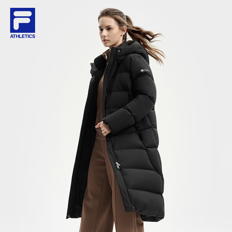 Fila Fila official women's long goose down down jacket 2025 winter new fitness sports warm hooded jacket dark black-BK M 165/84A/M