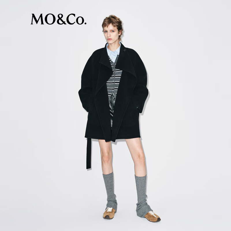 MO&Co. Woolen Coat 2025 Winter New Product One-button High Collar Diagonal Plaid Design Double-sided Woolen Coat MBE4OVC041 Black S /160