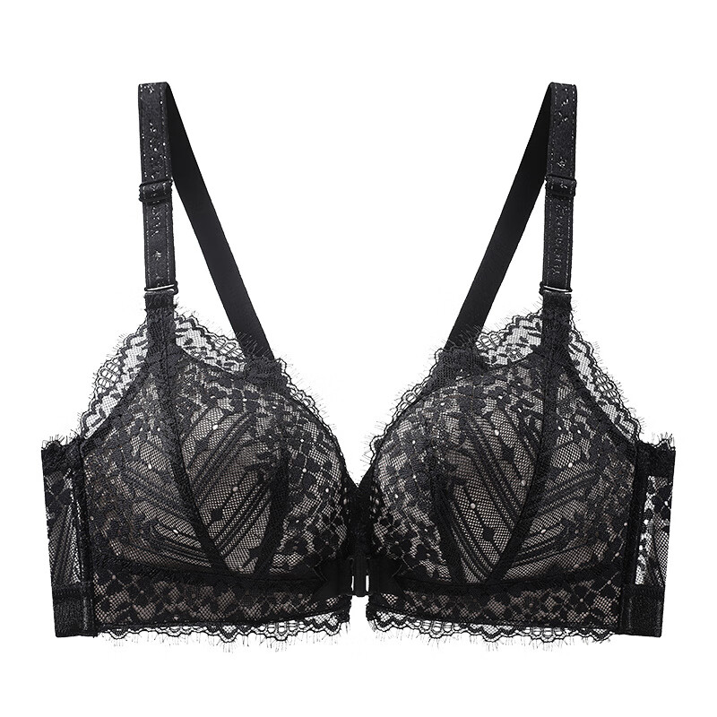 MiiOW new front button beautiful back suit lace bra slimming internet celebrity special lace adjustment type anti-sagging gather black suit 70A 32A