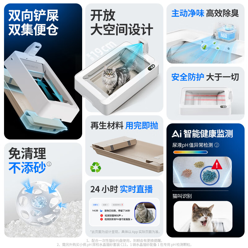 Xiaopei Intelligent Fully Automatic Double-Wing Cat Litter Box with Viewable Open Double-barrel Cat Toilet for Scooping Maine Coon Cats