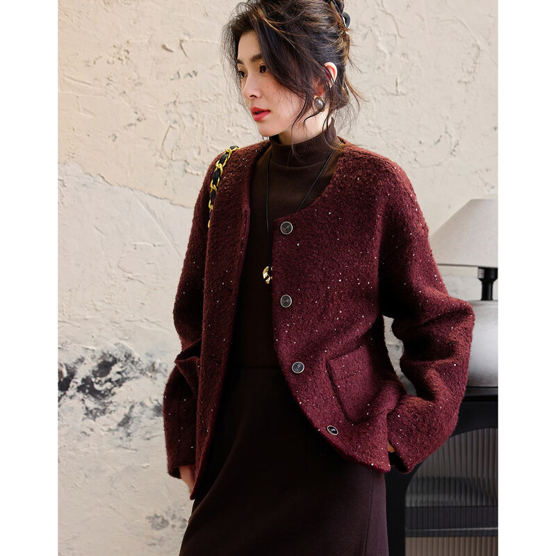 Demana luxury sheep wool winter intellectual round neck box-shaped thick warm sequined loose double-sided woolen coat for women