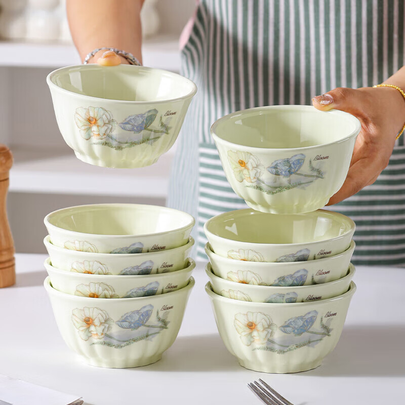 Ailian Shuo Ya Maple Green Rice Bowl 4.6 inches thick anti-scalding high-value lotus shape eating bowl ceramic bowl Ailian Shuo Ya Maple Green 10 4.5 inch bowls