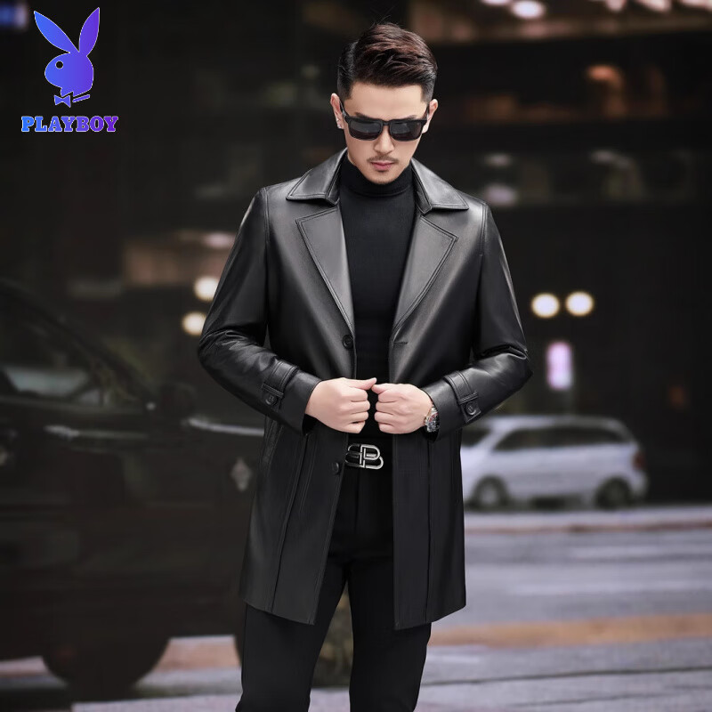 Playboy (PLAYBOY) Spring and Autumn New Men's Genuine Leather Jacket Mid-Length Windbreaker Business Casual Temperament Jacket Korean Slim Coat Black XL 115 Jin-130 Jin