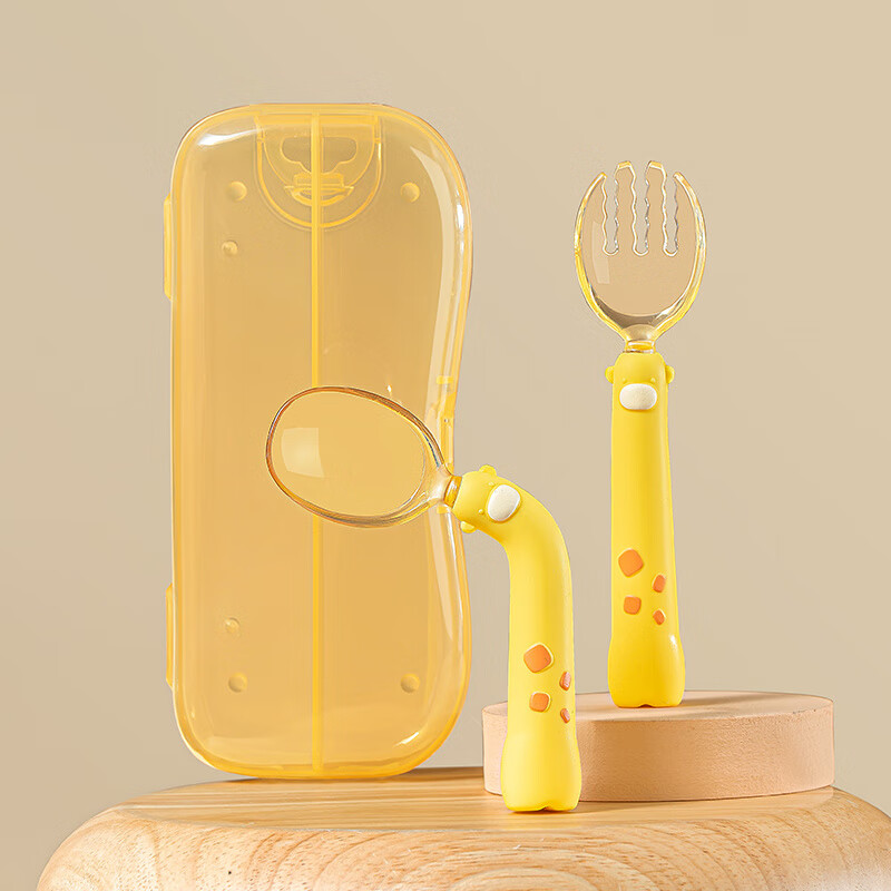 He Jiagong baby spoon learns to eat, trains baby to eat independently, silicone spoon, bendable fork spoon, food spoon, children's tableware, PPSU fork and spoon set, light orange