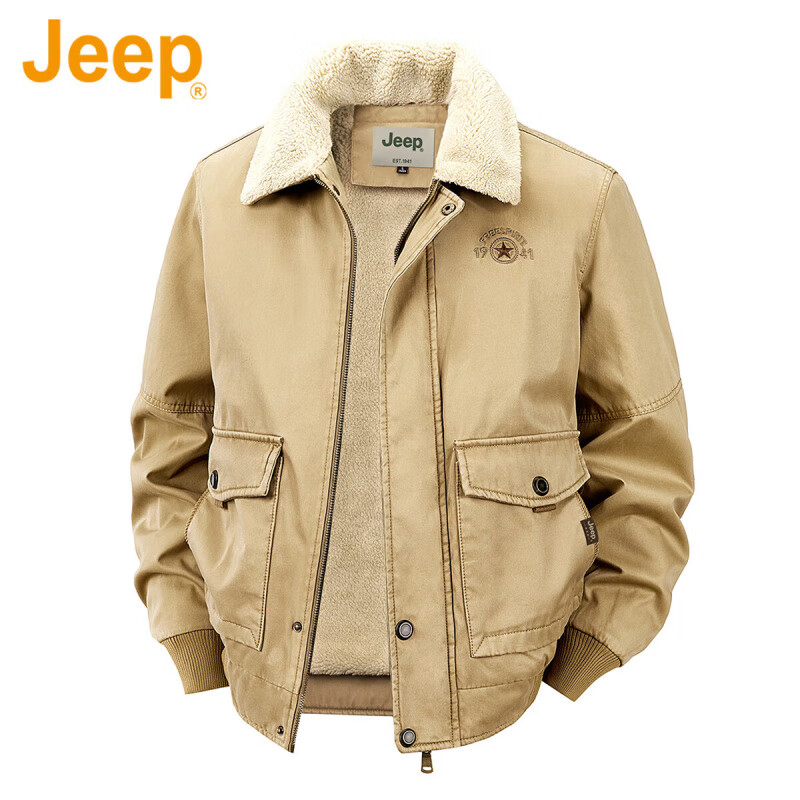 JEEP American genuine high-end pure cotton sherpa jacket men's winter lapel workwear warm and cold-proof cotton coat spring and autumn brown-100% cotton plus velvet official authentic 2XL suitable for about 160 pounds