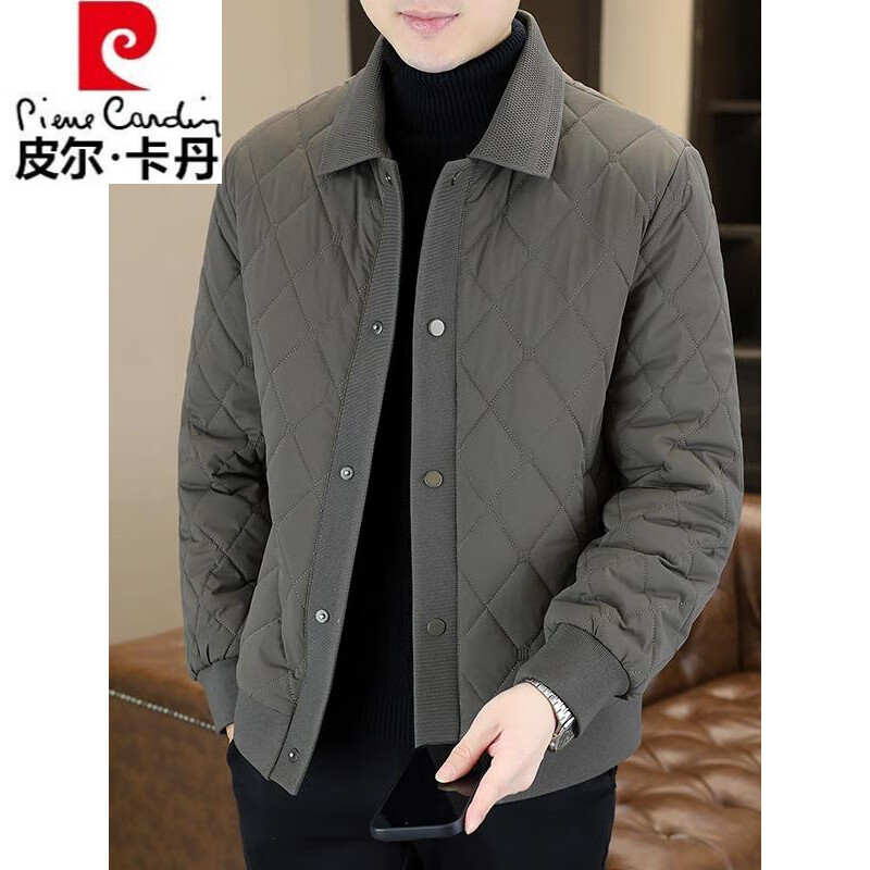 Pierre Cardin 2025 Plaid Cotton Jacket Men's Winter New Thin Warm Lapel Cotton Jacket Fashion Casual Cotton Jacket Gray 2XL 135-150 catties