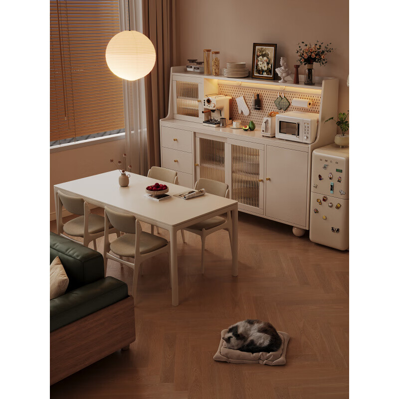 He Jiagong sideboard integrated wall solid wood storage cabinet coffee cabinet cabinet living room wine cabinet multi-functional tea cabinet storage cabinet cream white-100*40*127.5CM power rail