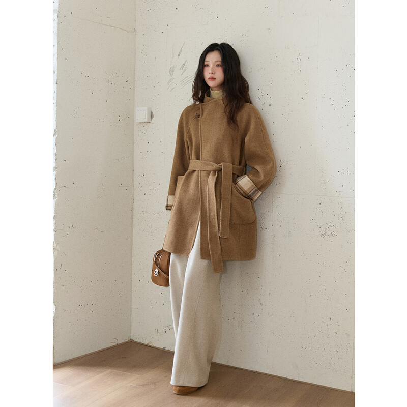 Mystery Show Two-Wear Plaid Double-sided Woolen Coat 2025 Autumn and Winter New Women's Autumn and Winter Retro Woolen Coat Mid-Length Brown Yellow Kagge Jacket S