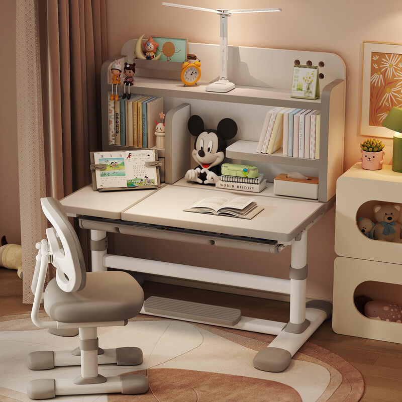 Yitong children's study desk and chair set desk can lift writing desk high school and primary school students 6-18 years old desk desk and chair Interstellar Gray Pro-three-layer reading desktop + back chair