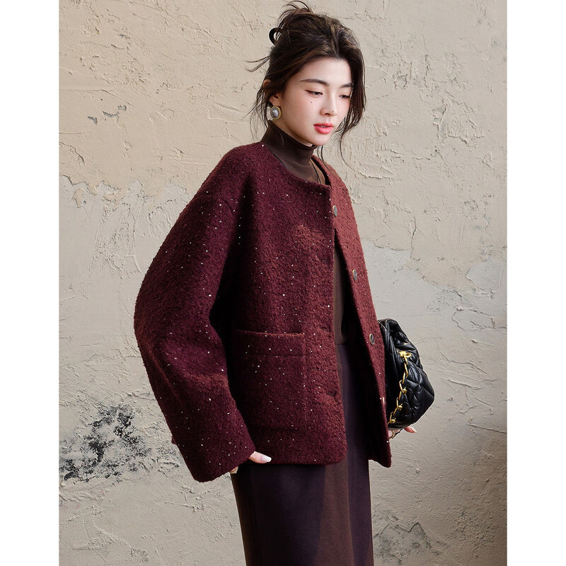 Demana luxury sheep wool winter intellectual round neck box-shaped thick warm sequined loose double-sided woolen coat for women