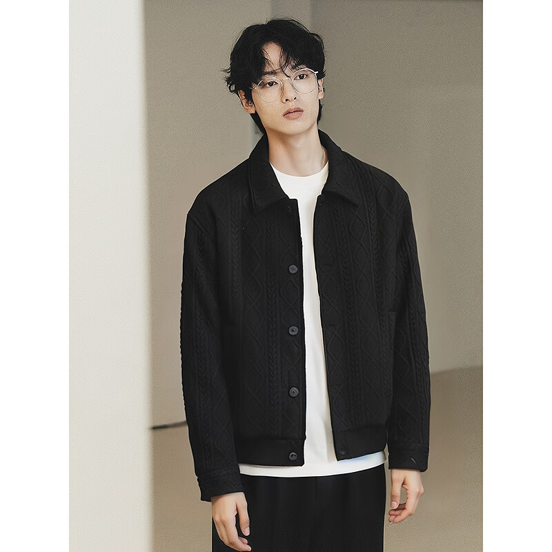 GXG Men's Knitted Jacquard Casual Jacket Cable Textured Lapel Jacket Black 180/XL