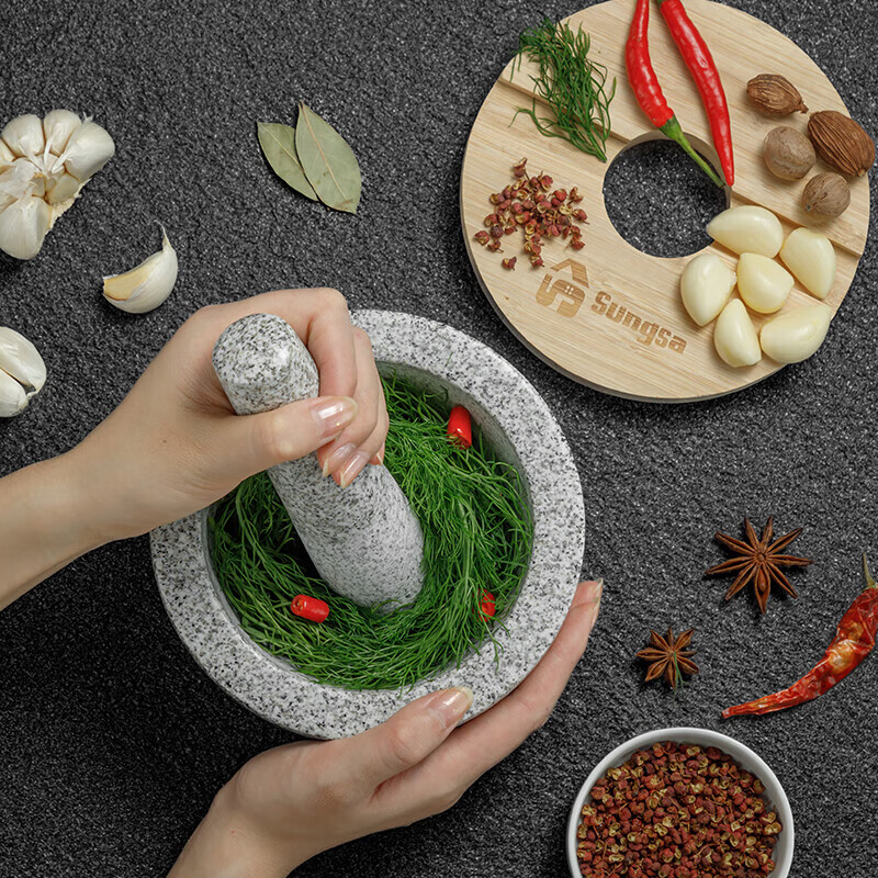 Home KATEI STORY Japanese garlic mash stone mortar granite garlic mortar manual pounding bowl garlic paste Chinese medicine grinder with cover splash-proof and dust-proof granite grinding stone mortar set
