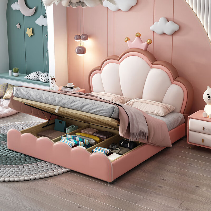 Crown children's bed girl pink leather bed princess bed cute girl bed soft bag backrest dream children's solid wood bed leather bed + 918# natural coconut palm mattress + cabinet 2 - free installation 1.8*2.0 meter frame structure