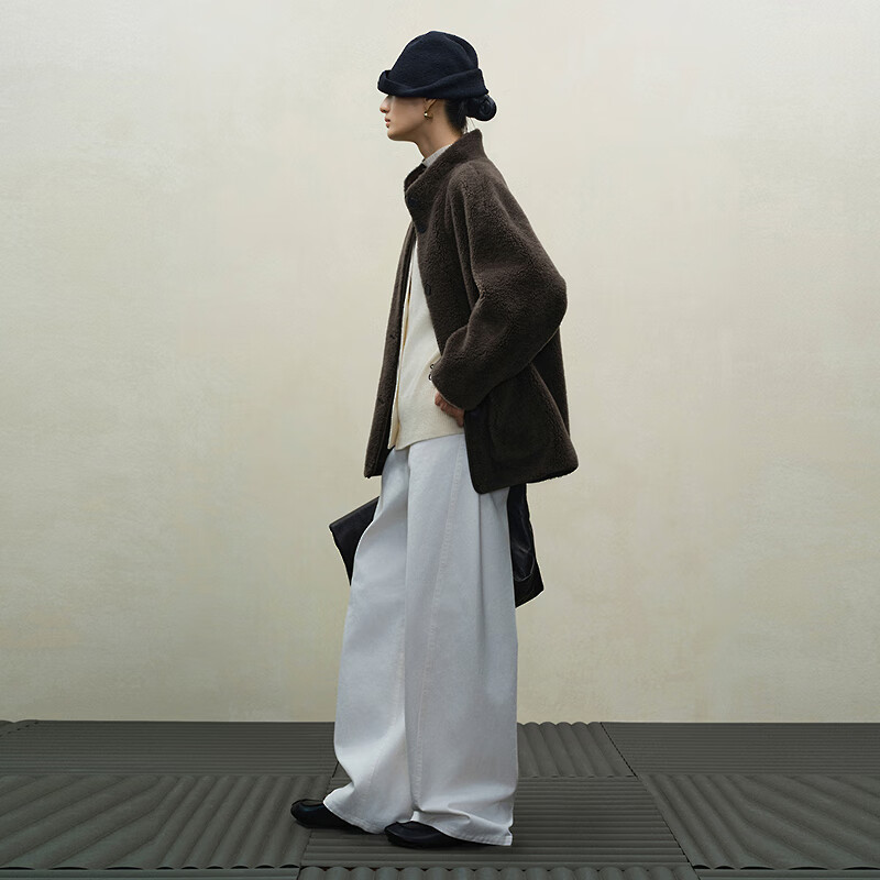 Marisfrolg 2025 winter new stand-up collar silhouette lambswool eco-friendly fur coat brown gray M