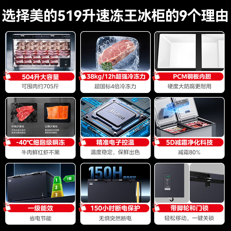 Midea 300 liters or above freezer household small freezer large capacity freezer commercial - 40 degree seafood special cabinet cryogenic quick freezer single temperature horizontal tea refrigerator freezer 519 liters newly upgraded taste and frost reduction quick freezing - 40