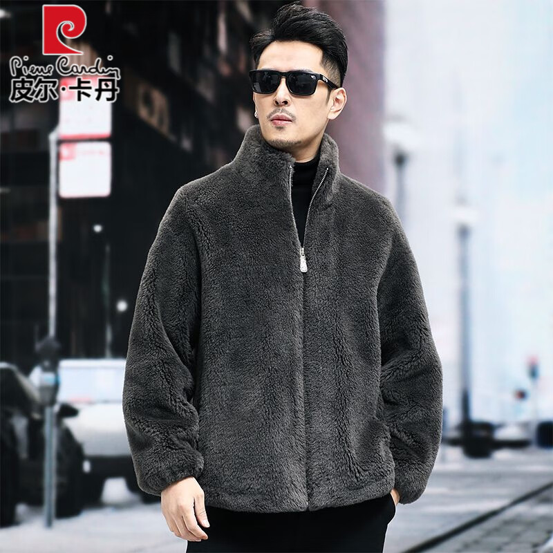 Pierre Cardin 100% Sheep Shear Coat Men's Genuine Sheep Fur All-in-One Reversible Lamb Fur Jacket Hooded Warm Winter Clothes Dark Gray M About 100 Jin