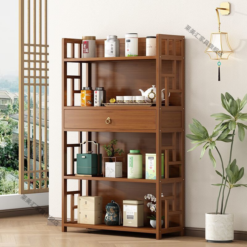 Laimeihui tea rack tea cabinet storage rack Bogu rack small tea set rack storage cabinet tea display cabinet tea room Duobao Pavilion 3 layers 50 long with drawer