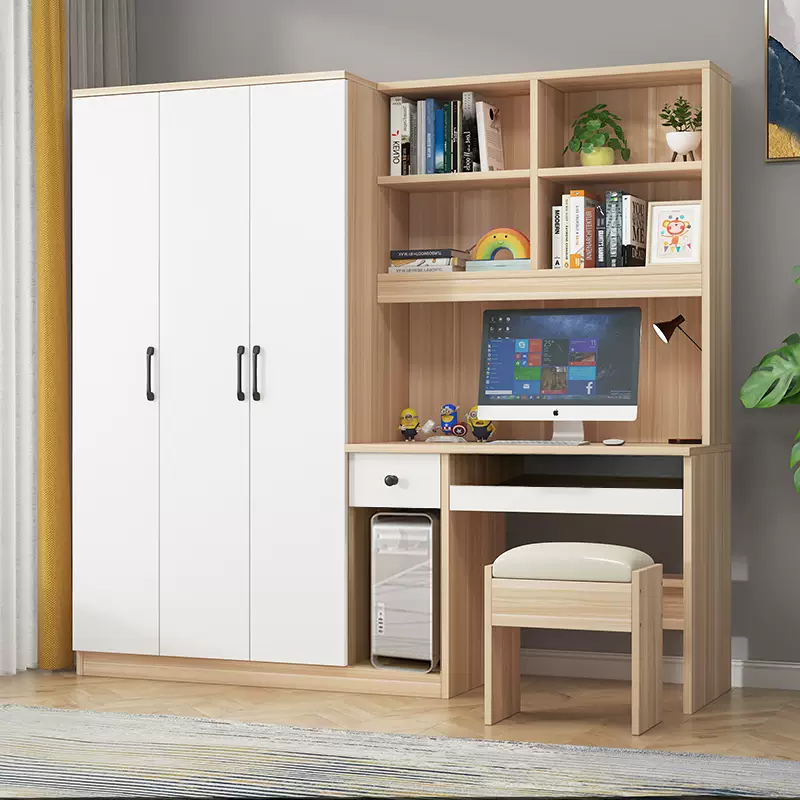 Yusenyi computer desk with student simple cabinet one-piece combined bookshelf wardrobe children's all-in-one bedroom desk desktop desk 1.2 single door-desk comes with stool assembly + 2 doors