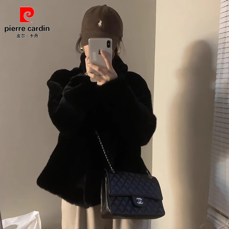 Pierre Cardin mink fur all-in-one coat for women 2025 winter new stand-up collar thickened eco-friendly fur top, apricot S 90-105 catties