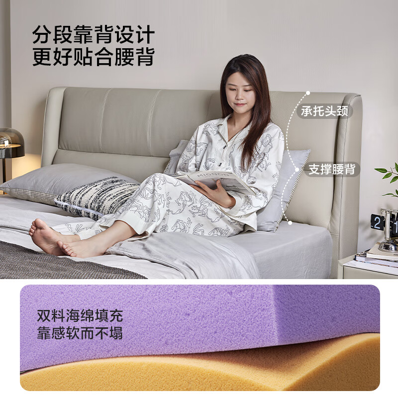 Lin's Home Furnishing Small Apartment Leather Art Bed Double Bed Large Bed High-End Atmosphere Double Upholstered Wedding Bed R722 Morning Gray | High Bed + Spine Protective Mattress + Bedside Table *1 1.5x2.0 Meters