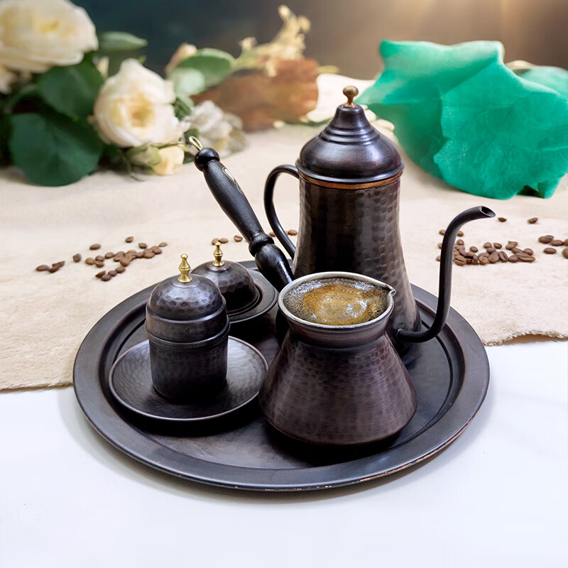 LOTURENK Turkish luxury handmade copper coffee pot, original imported handmade hammer-point brushed personalized creative mother-of-pearl wood handle, imported copper black handmade copper coffee pot 290ml