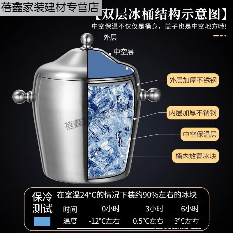 Chiweng bar ktv stainless steel double-layer insulated ice bucket ice clip champagne wine ice bucket handle thickened ice bucket ice cubes 1 liter single-layer ice bucket