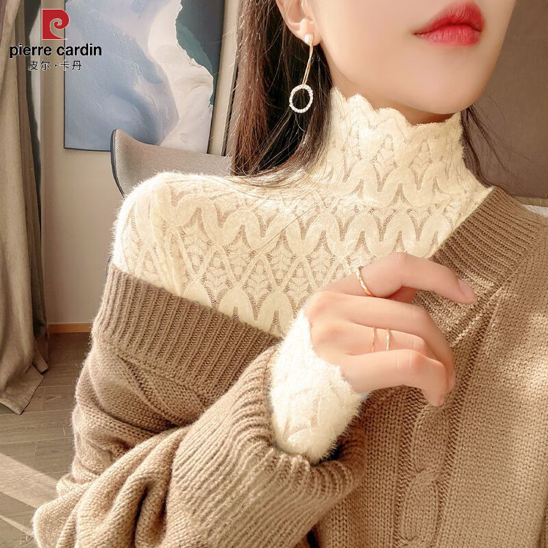 Pierre Cardin plus velvet thickened brushed lace bottoming shirt for women autumn and winter style turtleneck sweater with hollow soft mesh top black regular S