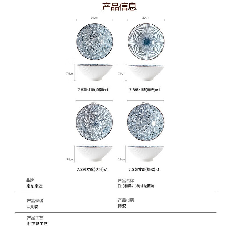 Jing Tokyo-made Japanese ramen bowl household ceramic large soup bowl beef noodle bowl instant noodle bowl 7.8-inch ramen bowl 4 pack