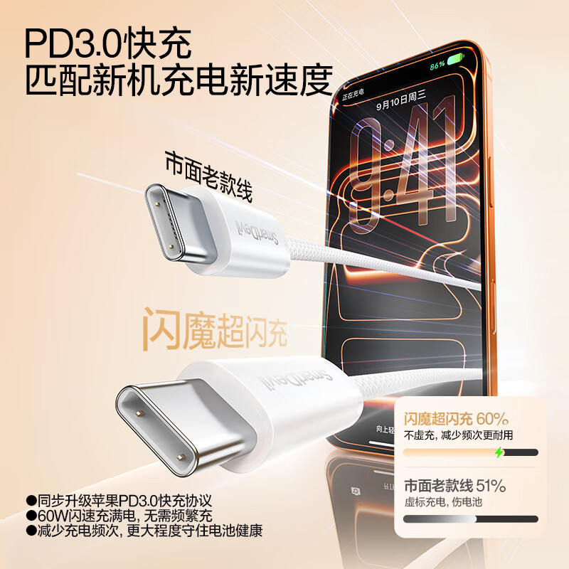 Flash Magic Apple 17/16/15 charging cable dual Type-C data cable PD60W fast charging cable double-head ctoc suitable for iPhone17/16e/15ProMax tablet iPad notebook