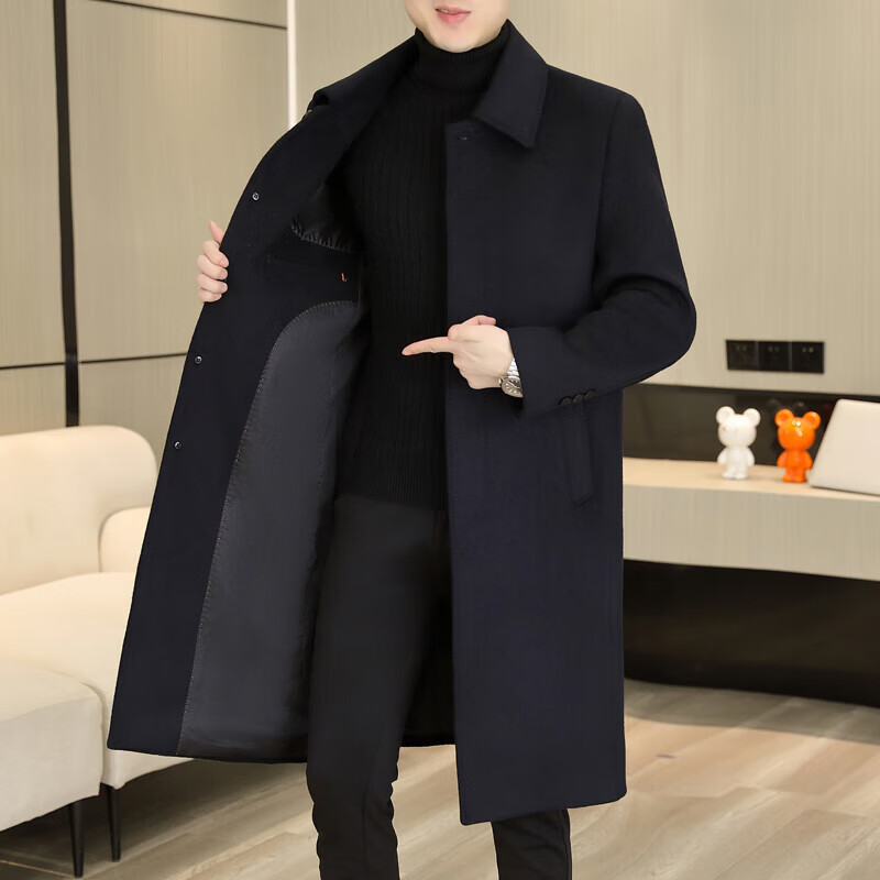 Winter windproof collar mid-length woolen coat for men youth casual loose fashionable woolen coat thickened windbreaker navy blue 8806 XL / 110-125 catties