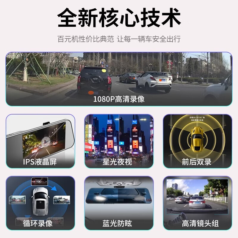 Car rearview mirror driving recorder, front and rear dual-camera ultra-high-definition night vision reversing image streaming, installation not included, front road, standard version, 4.5-inch window screen-no card