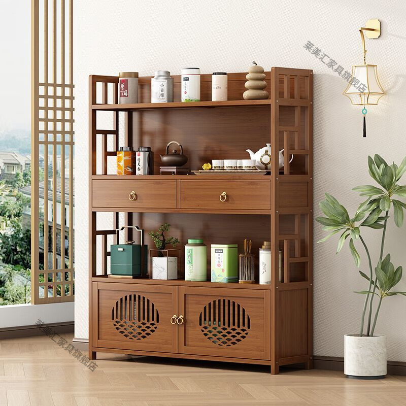 Laimeihui tea rack tea cabinet storage rack Bogu rack small tea set rack storage cabinet tea display cabinet tea room Duobao Pavilion 3 layers 50 long with drawer