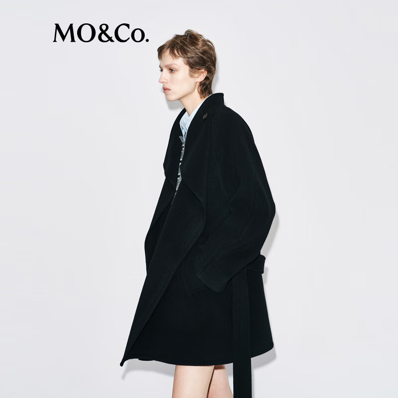 MO&Co. Woolen Coat 2025 Winter New Product One-button High Collar Diagonal Plaid Design Double-sided Woolen Coat MBE4OVC041 Black S /160