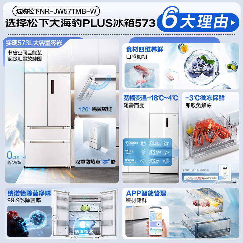 Panasonic PLUS 573L French-style multi-door refrigerator ultra-thin zero-embedded household refrigerator dual system first-level energy efficiency NR-JW57TMB-W national subsidy
